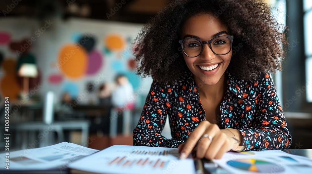 Fototapeta premium Young Businesswoman Smiling at Her Desk While Reviewing Documents and Charts in a Modern Workspace with Creative Background Elements