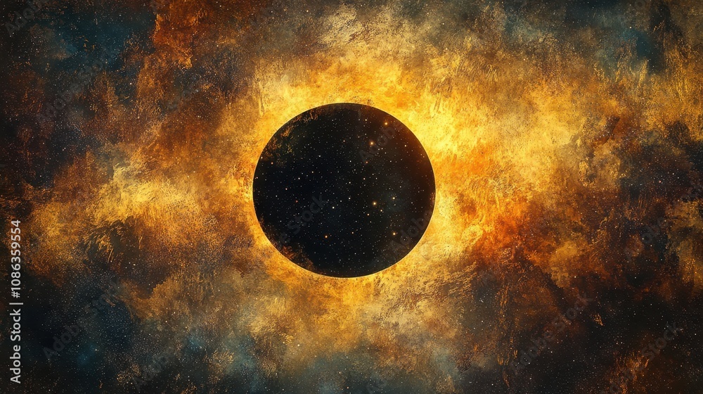 Naklejka premium A cosmic scene featuring a dark celestial body surrounded by vibrant, fiery colors, resembling a solar eclipse in a starry universe.
