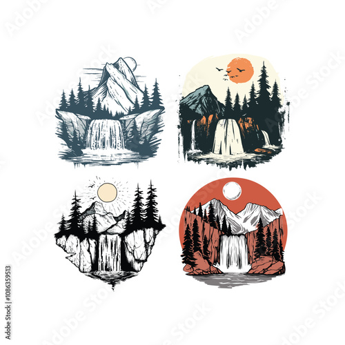 waterfall in the forest design vector vintage template illustration