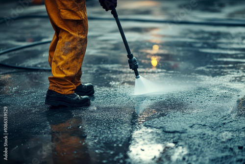 Workers using pressure washer for deep cleaning driveway with copy space professional cleaning service photo