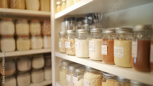 A Well-Organized Kitchen Pantry Displaying Various Jars of Spices, Flours, and Grains on Wooden Shelves for a Neat and Tidy Culinary Environment