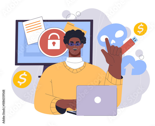 Guy steals information. Man with laptop steals personal data, passwords, logins and bank cards. Hacker with computer, cybercriminal. Flat vector illustration isolated on white background