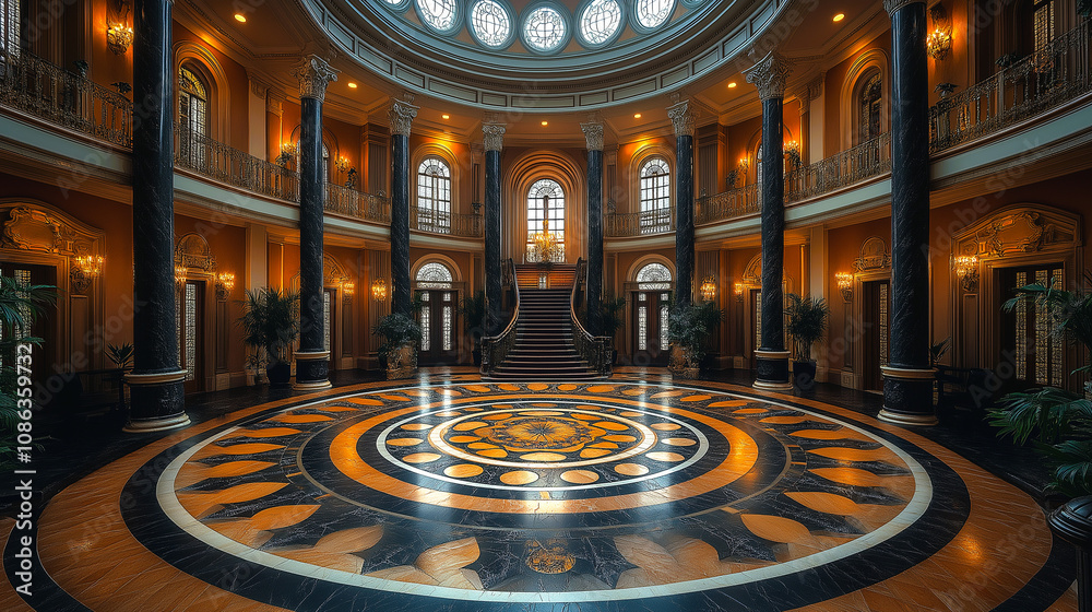 Obraz premium A grand atrium, bathed in golden light, whispers tales of opulent elegance.