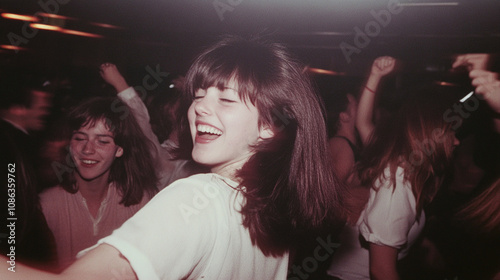 Carefree teens dancing at seventies disco party with retro vibes