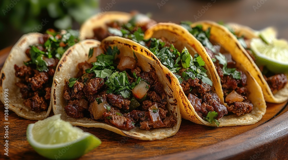 Delicious carne asada tacos on a wooden board, garnished with cilantro, onions, and lime wedges. Delicious carne asada tacos on a wooden board, garnished with cilantro, onions, and lime wedges.