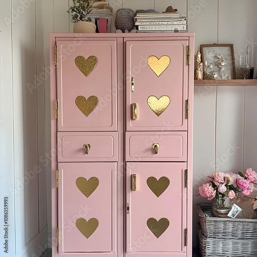 Pink Cabinet with Gold Heart Details.