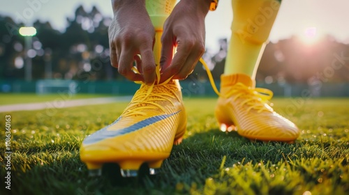 Player lacing up their cleats before a football match, close-up on hands and boots