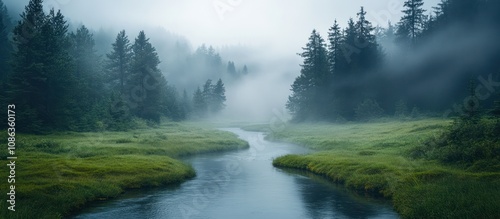 A winding river flows through a misty forest, sunlight streaming through the trees.