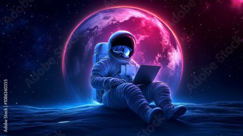 An astronaut in a white space suit is seated on the moon , engrossed in using a laptop with planet earth background.