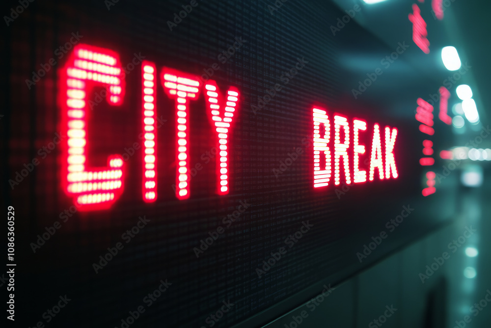 a flight or rail travel departure information board showing the word City break. a flight or rail travel departure information board showing the word City break.