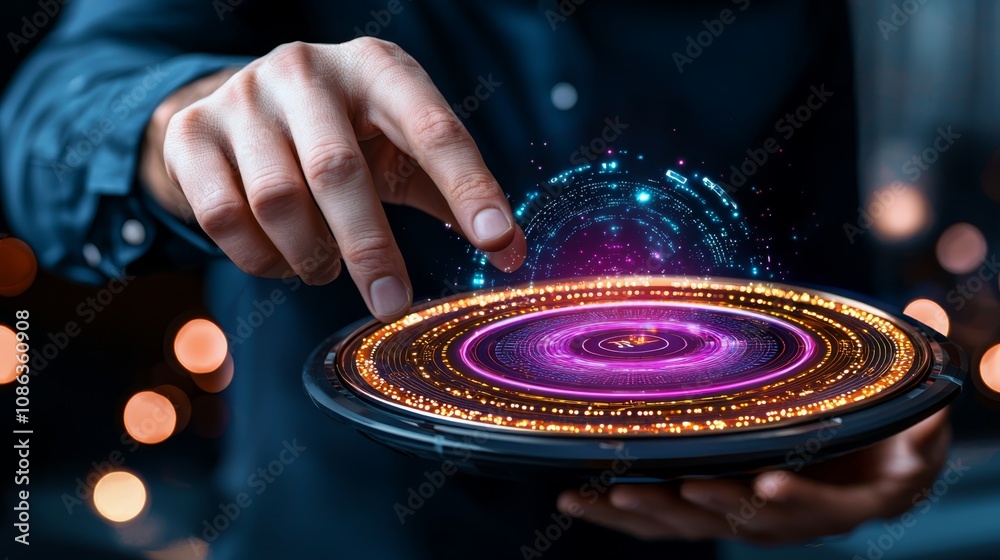 Obraz premium Dynamic Multi-Layered Holographic Interface with Interactive Elements Showcased in a Modern Environment