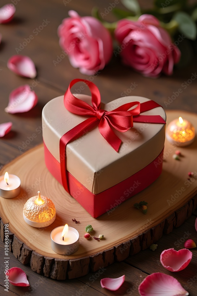 Heart-shaped gift box with red ribbon and roses on wooden table with lit candles Heart-shaped gift box with red ribbon and roses on wooden table with lit candles