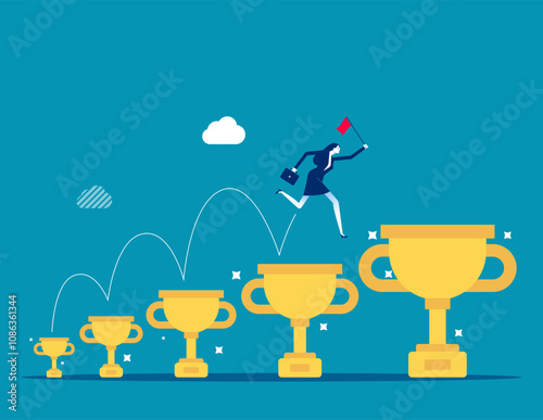 Small win or achievement to motivate to achieve bigger goal, strategy or inspiration to success, victory or win award concept, confident businessman jumping from small win trophy to get bigger one.