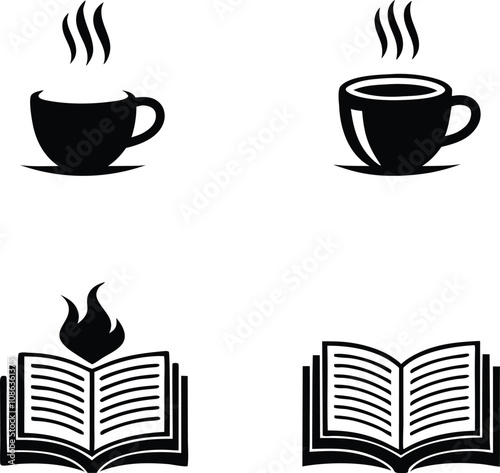 Cozy coffee and book icons with steam and flames representing warmth and comfort