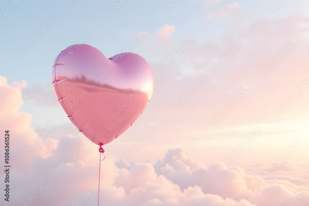 Obraz premium Heart-shaped balloon soaring in pastel skies at sunset