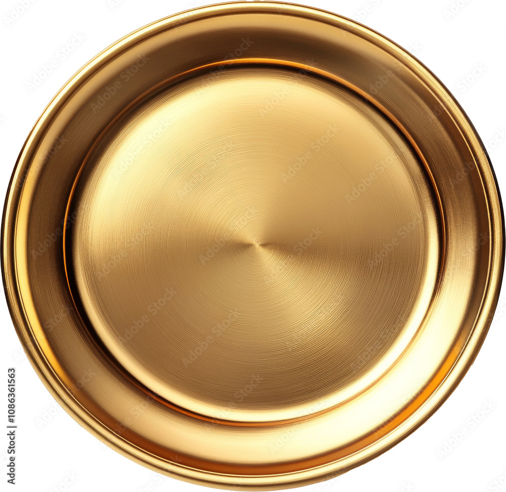 Golden metal plate on a transparent background, top view. Minimalist kitchenware and design concept Golden metal plate on a transparent background, top view. Minimalist kitchenware and design concept