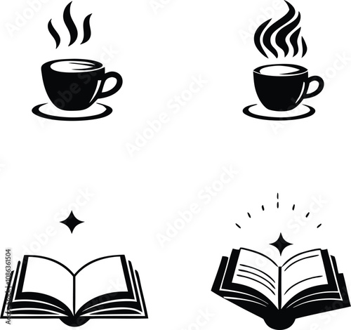 Black and white illustration of hot drinks and open books on a plain background