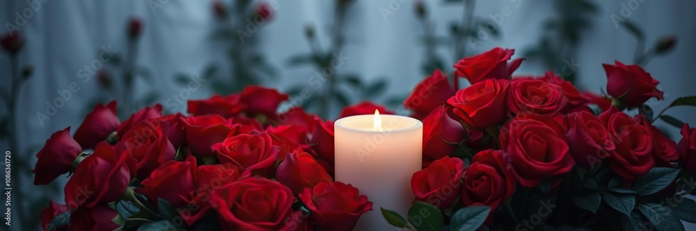 Softly lit white candle surrounded by lush red roses in a minimalist garden setting, elegant, floral Softly lit white candle surrounded by lush red roses in a minimalist garden setting, elegant, floral