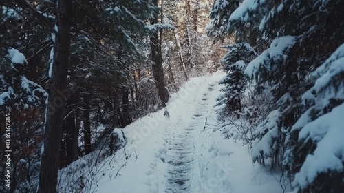 Narrow winter trail through a snow-blanketed forest, branches heavy with fresh snowfall