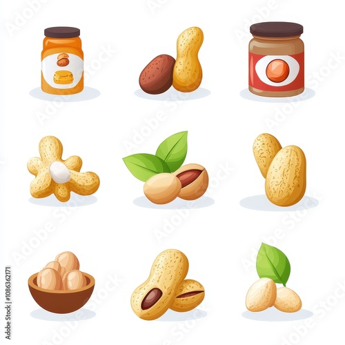 Flat Design Icons of Various Nuts and Nut Products in a Clean Style, Featuring Jars, Nuts, and Leaves for Creative Projects and Illustrations photo