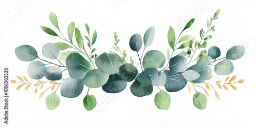 Elegant Greenery Arrangement with Eucalyptus and Leaves in Watercolor Style for Natural, Organic, and Botanical Themes in Design and Decor Use