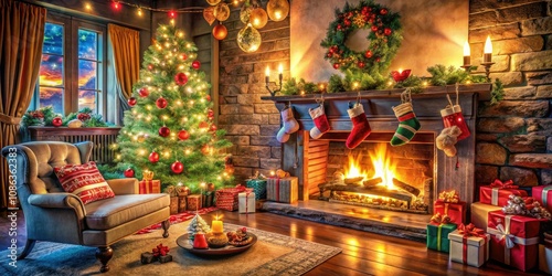 Cozy Christmas Eve with a Warm Fireplace, Beautifully Decorated Tree, and Festive Winter Holiday Atmosphere for Stock Photography