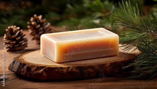 A bar of natural soap rests on a wooden slice, surrounded by pine cones and branches. Rustic and elegant.