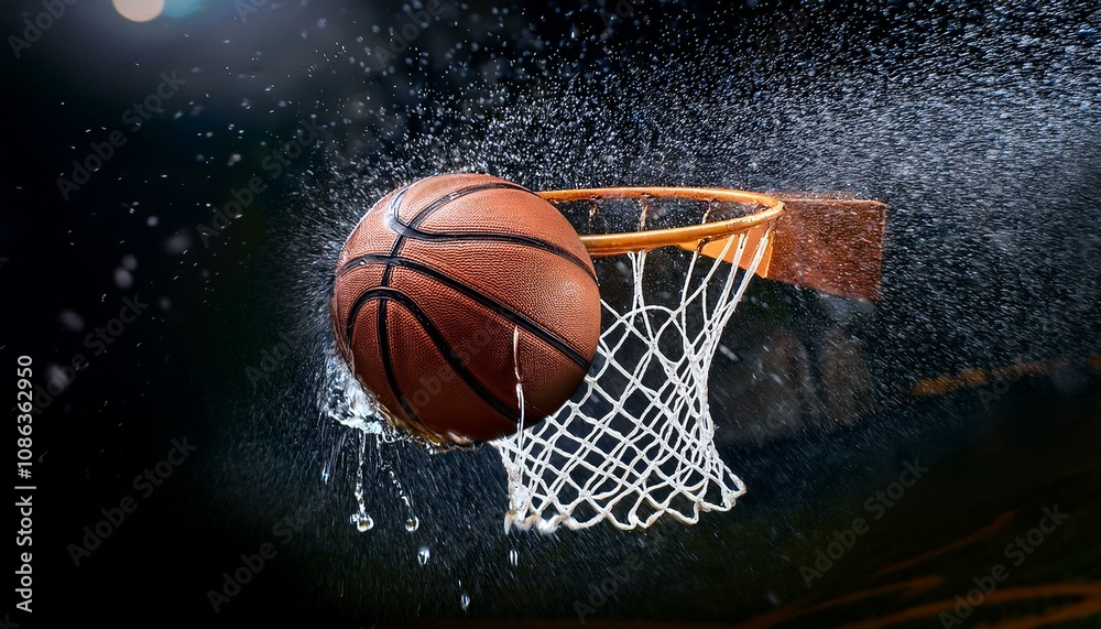 Basketball swishes through the net, splashing water everywhere. Dynamic action shot! Basketball swishes through the net, splashing water everywhere. Dynamic action shot!