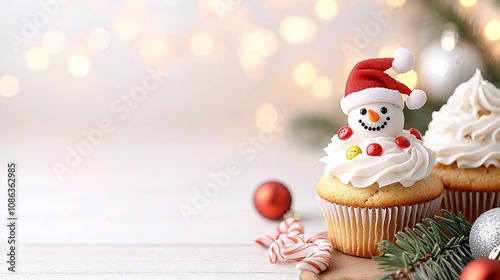 Muffin christmas topping concept.Festive cupcakes topped with a cheerful snowman decoration, perfect for holiday celebrations and winter gatherings.