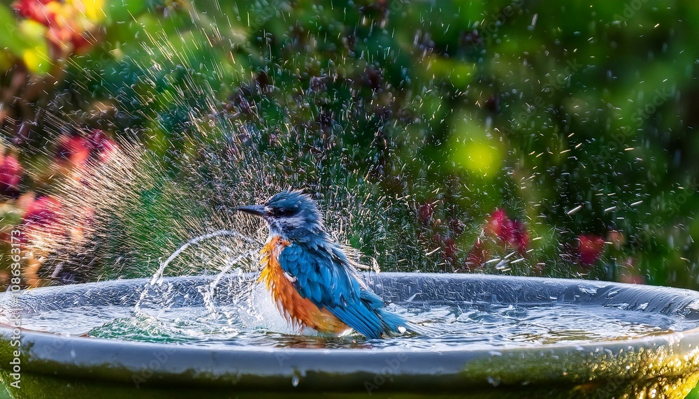 A vibrant blue and orange bird enjoys a refreshing bath in a garden birdbath.