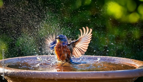 Vibrant bird taking a refreshing bath in a birdbath, wings spread wide, creating a splash of water droplets.
