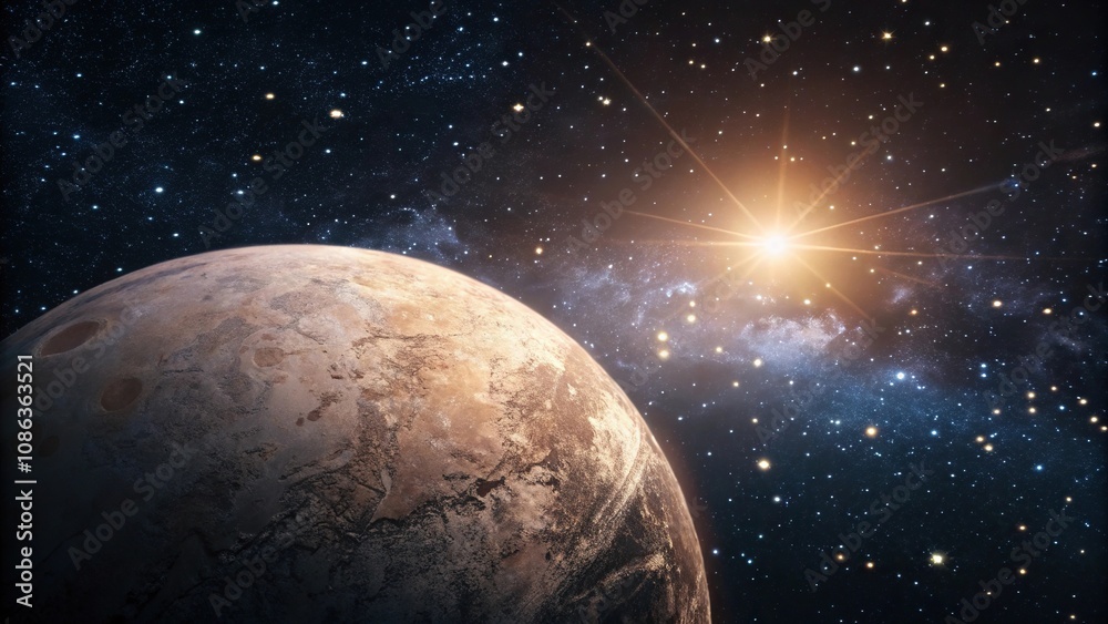 Naklejka premium The ethereal glow of a glowing planet surrounded by sparkling stars in a deep space background, cosmic effect, celestial art, planetary glow, glowing planet, shimmering universe