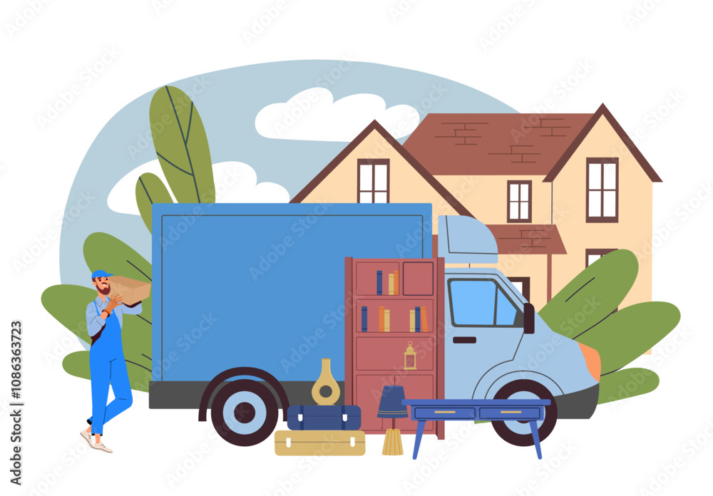 Naklejka premium Courier help with moving. Loader with things near truck. Relocation and imigration, transportation. Van with furniture and parcels. Wooden cabinet and ceramic vase. Flat vector illustration
