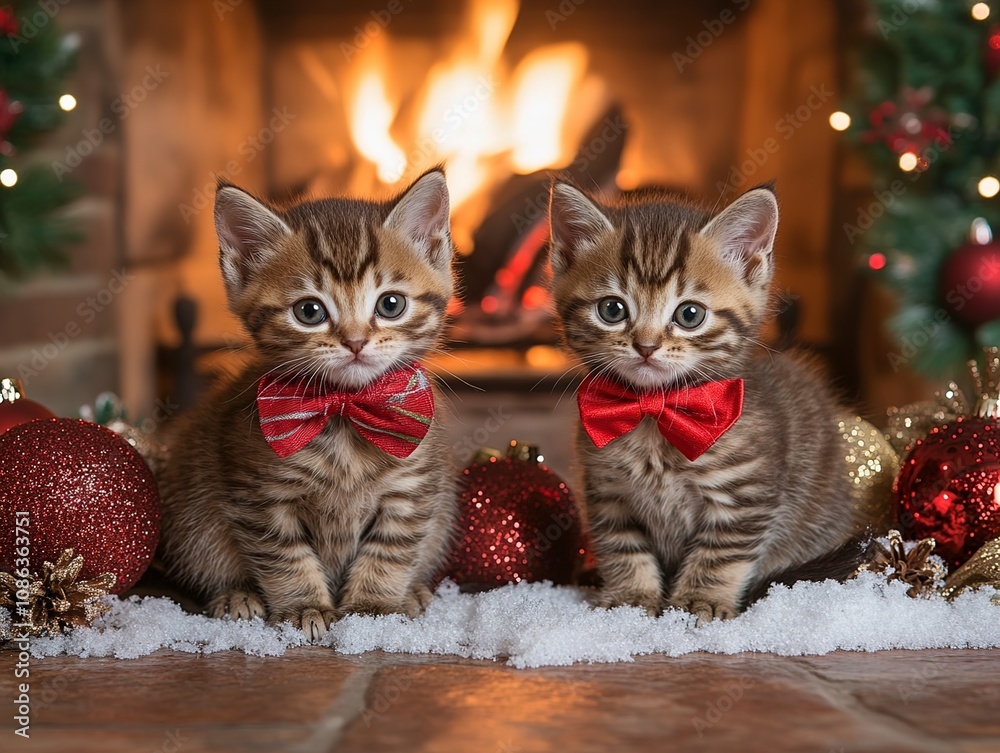 Adorable Kittens in Bow Ties by a Cozy Fireplace on Christmas Adorable Kittens in Bow Ties by a Cozy Fireplace on Christmas