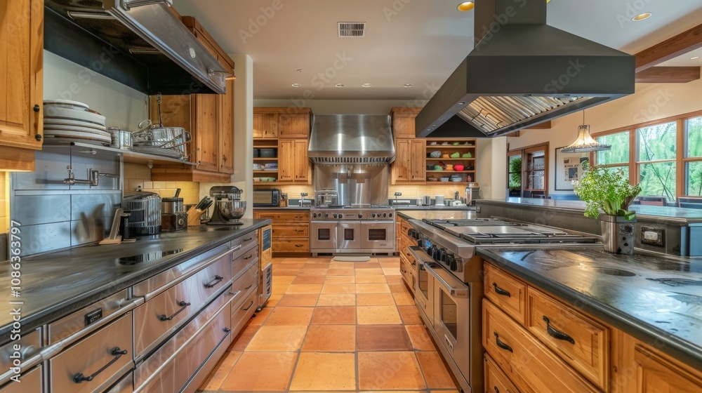 Professional chef's kitchen with commercial-grade equipment and utensils Professional chef's kitchen with commercial-grade equipment and utensils