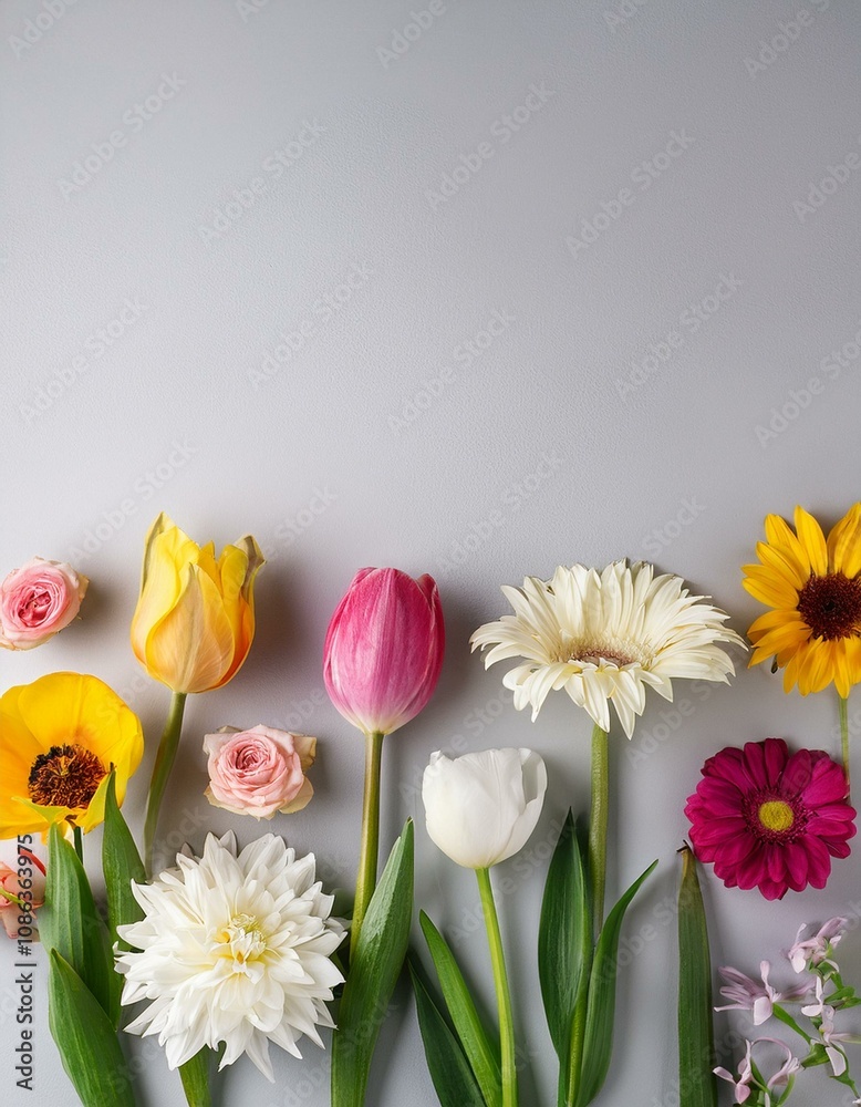 Colorful spring flowers arranged on a gray background. Colorful spring flowers arranged on a gray background.
