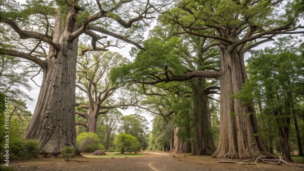 Towering trees with massive trunks and gnarled branches, forest titans, arboreal life, woodlands, ancient trees Towering trees with massive trunks and gnarled branches, forest titans, arboreal life, woodlands, ancient trees