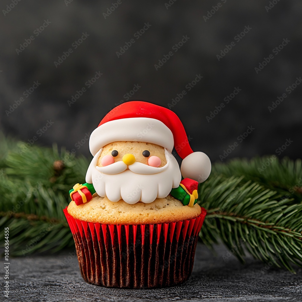 Fototapeta premium Muffin christmas topping concept.A festive cupcake topped with a Santa figure, surrounded by greenery, perfect for holiday celebrations and Christmas-themed treats.