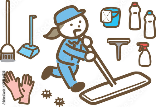 清掃員の女性と掃除道具のセット