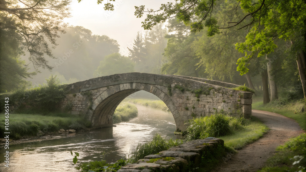 Misty Irish landscape with stone bridge over tranquil river in lush green forest
