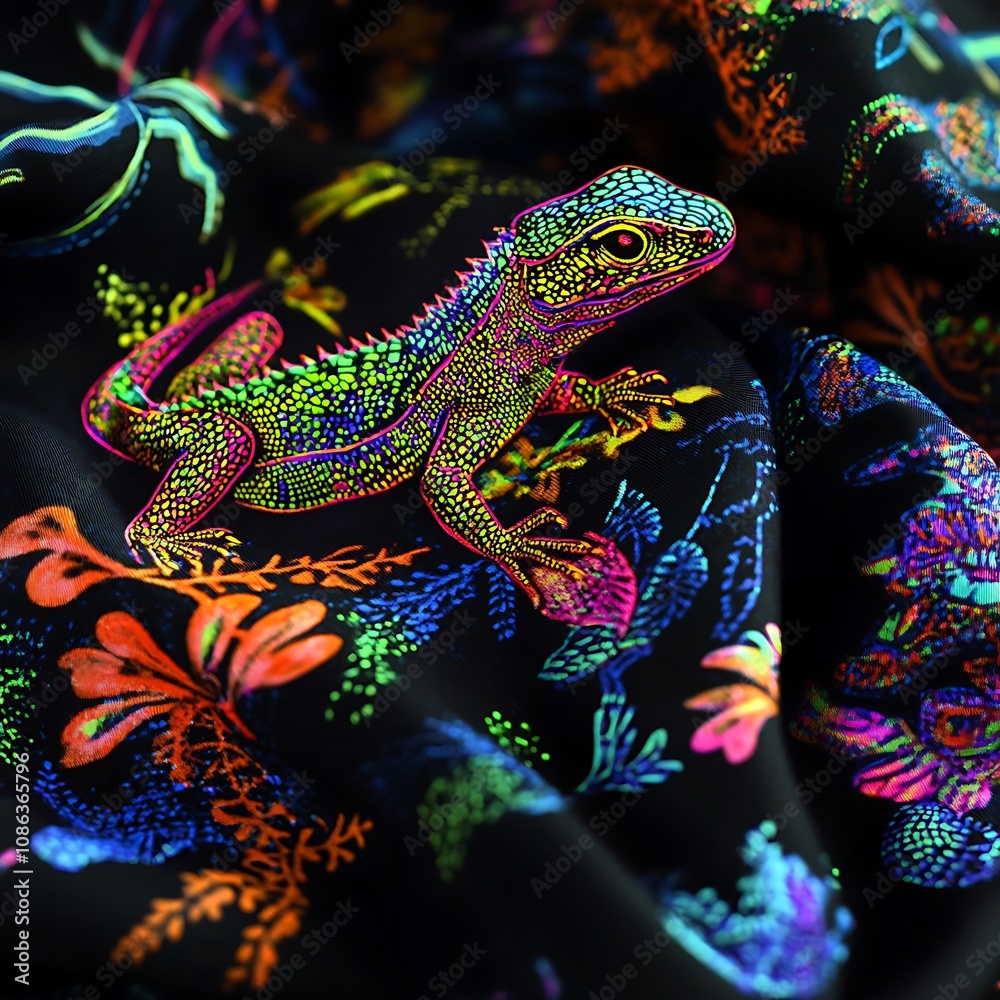 Obraz premium Colorful neon lizard glowing vividly on black fabric image