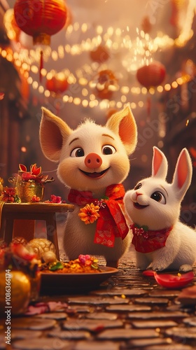 Adorable Pig and Rabbit Celebrate Lunar New Year in Festive Street Scene photo