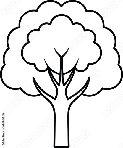 Simple black and white drawing of a tree with a thick trunk and bushy leaves