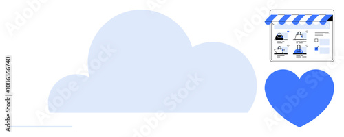 E-commerce storefront features product listings, supported by cloud storage for data management, depicted alongside a blue heart symbol. Ideal for online shopping, cloud computing, data storage