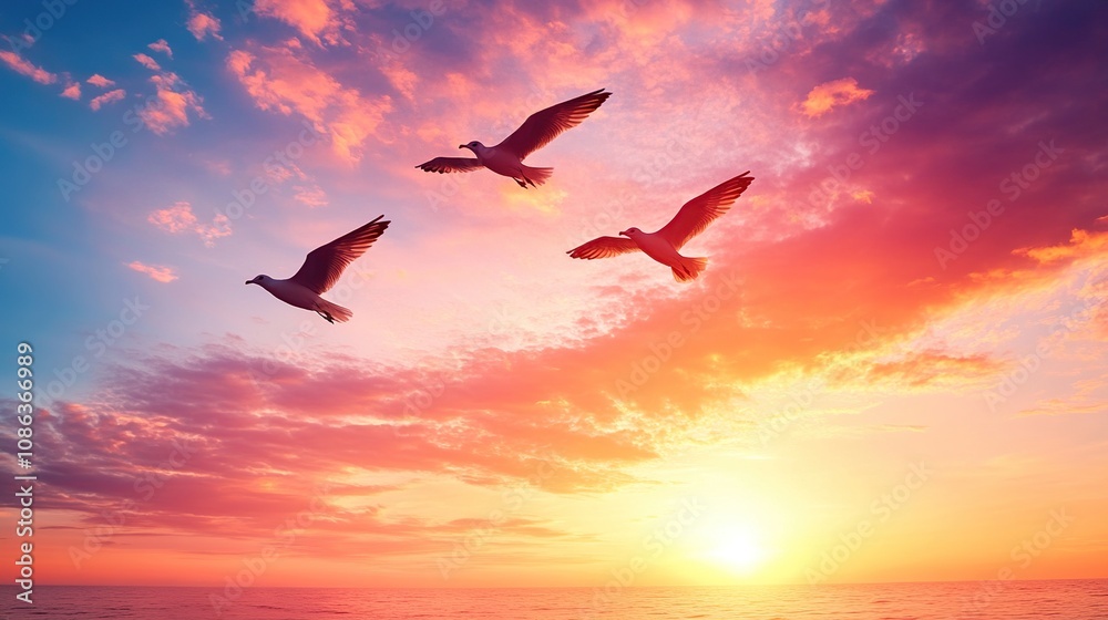 Fototapeta premium A serene sunset over the ocean with birds flying in the colorful sky.