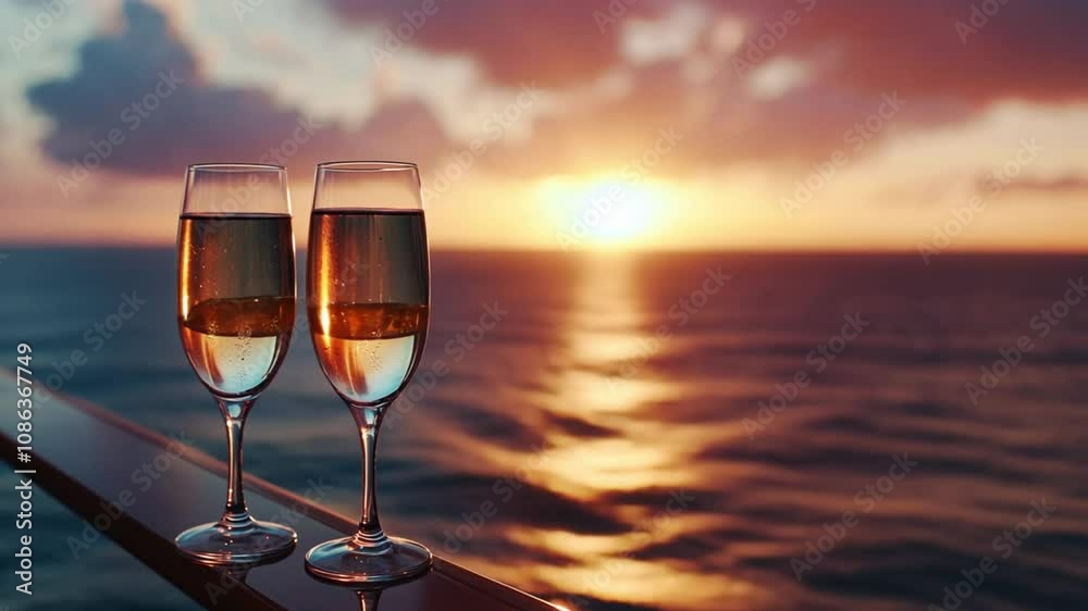 Luxury cruise ship travel champagne glasses on balcony deck with ocean sunset view on Caribbean vacation. Drinks in sun flare on cruise holiday destination Luxury cruise ship travel champagne glasses on balcony deck with ocean sunset view on Caribbean vacation. Drinks in sun flare on cruise holiday destination