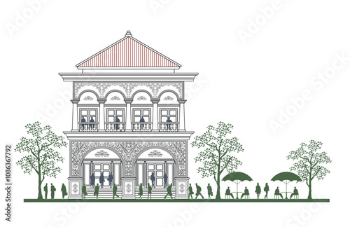 People in the front of 2 storeys symmetrical modern classic building with 6 doors, 5 columns, frame, railing, crowns, canopy, balcony, triangular roof and curve wall element.