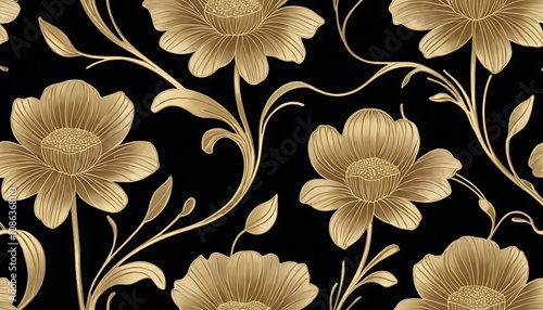 Seamless black background with gold flowers