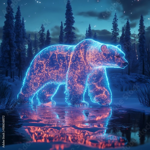 Wallpaper Mural Enchanted forest with a majestic neon bear glowing in vivid colors image Torontodigital.ca