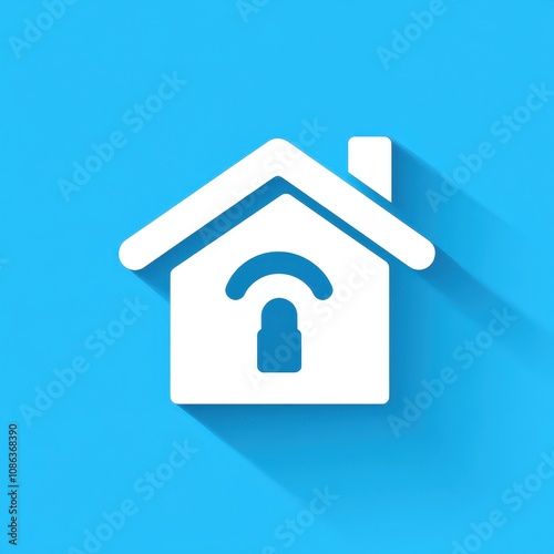 Modern Flat Design of a Smart Home Icon with a Lock Symbol on a Bright Blue Background Representing Advanced Home Security and Technology Innovation photo